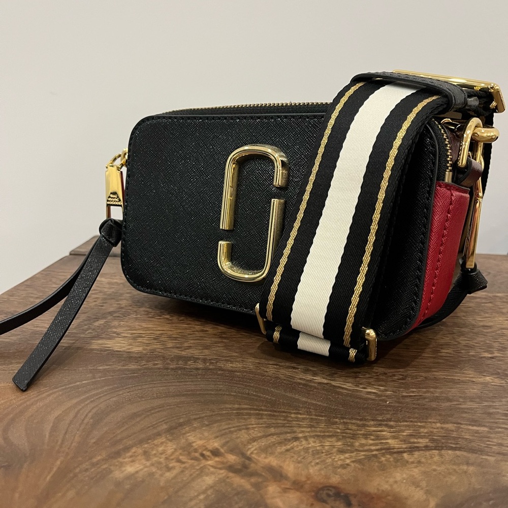 Marc Jacobs Black and Red Crossbody Bag with Gold Hardware and Striped Strap